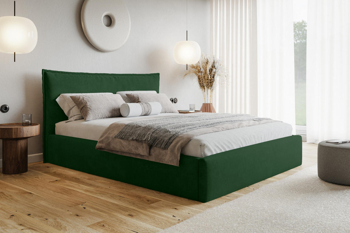 POLSTERBETT 140x200 cm Zenito Slim mit Kissen-Kopfteil, Bettkasten, Grün - Grün, Holz/Textil (140/200cm) - Emporius