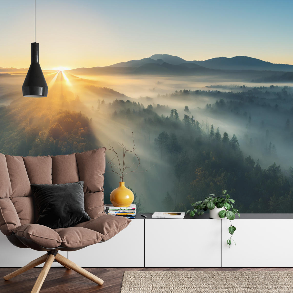 FOTOTAPETA Pre Obývaciu Izbu Východ Slnka Nad Hornatým Ihličnatým Lesom Zlato 500 x 350 cm - hnedá/žltá, papier (500/350cm) - Muralo