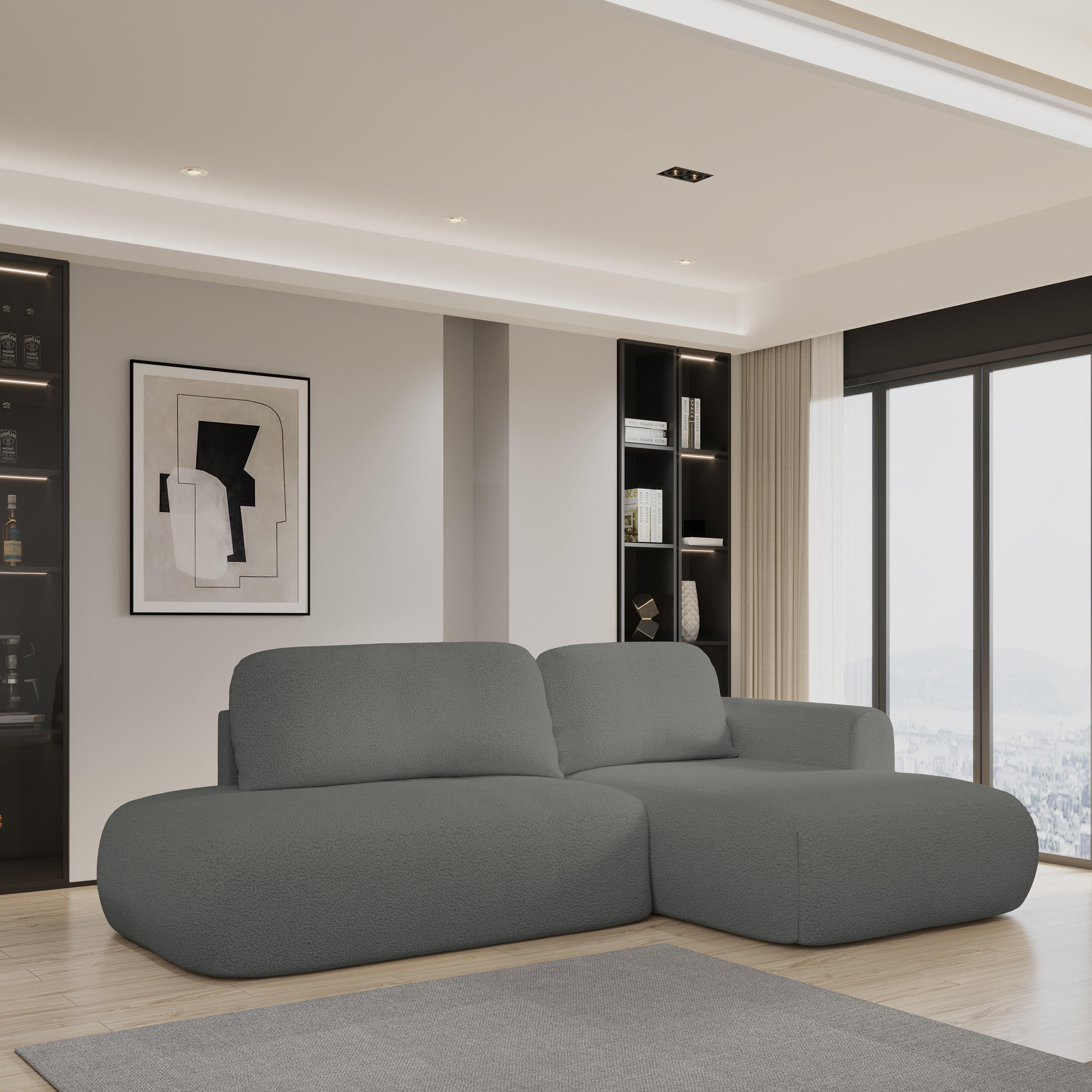 ECKSOFA NUVIRA R-S Grau Boucle-Stoff mit Schlaffunktion - Grau, Holz (274/165cm) - MASSENO