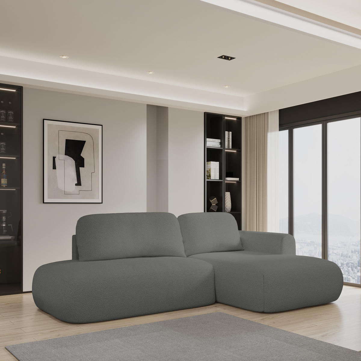 ECKSOFA NUVIRA R-S Grau Boucle-Stoff mit Schlaffunktion - Grau, Holz (274/165cm) - MASSENO