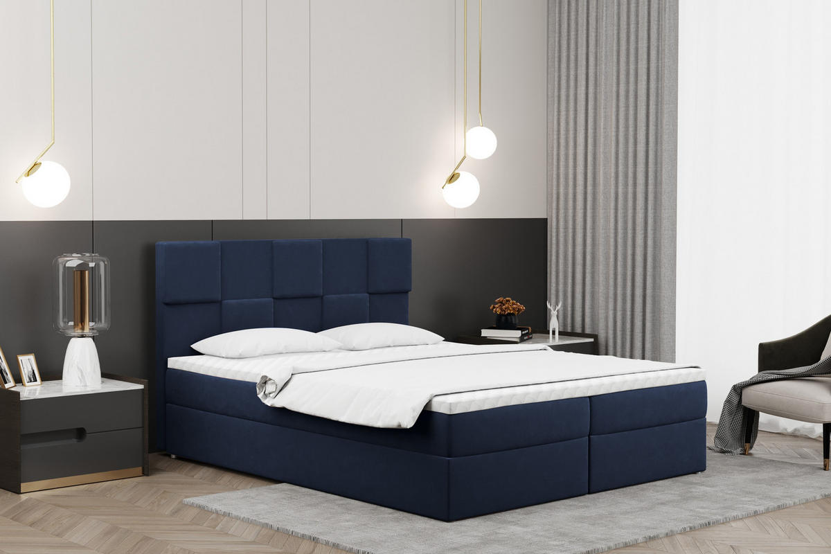BOXBETT mit Bettkasten und Matratze CLARA Stoff Velvet Marineblau 180x200 cm H2-Pocket - Dunkelblau, Holz (180/200cm) - Kaiser Möbel