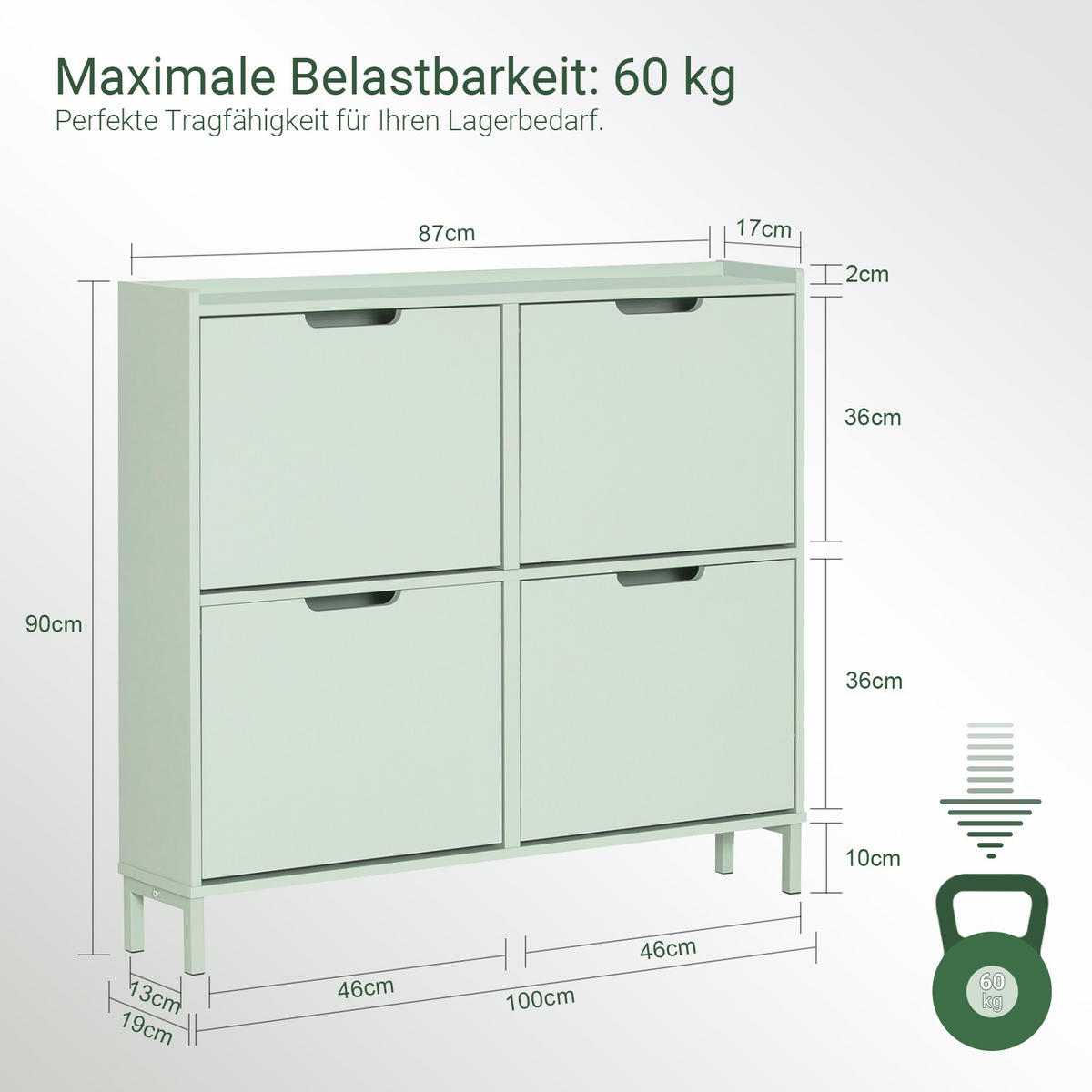 SCHUHSCHRANK Grün - Grün, Holzwerkstoff/Metall (100/91/19cm) - SoBuy
