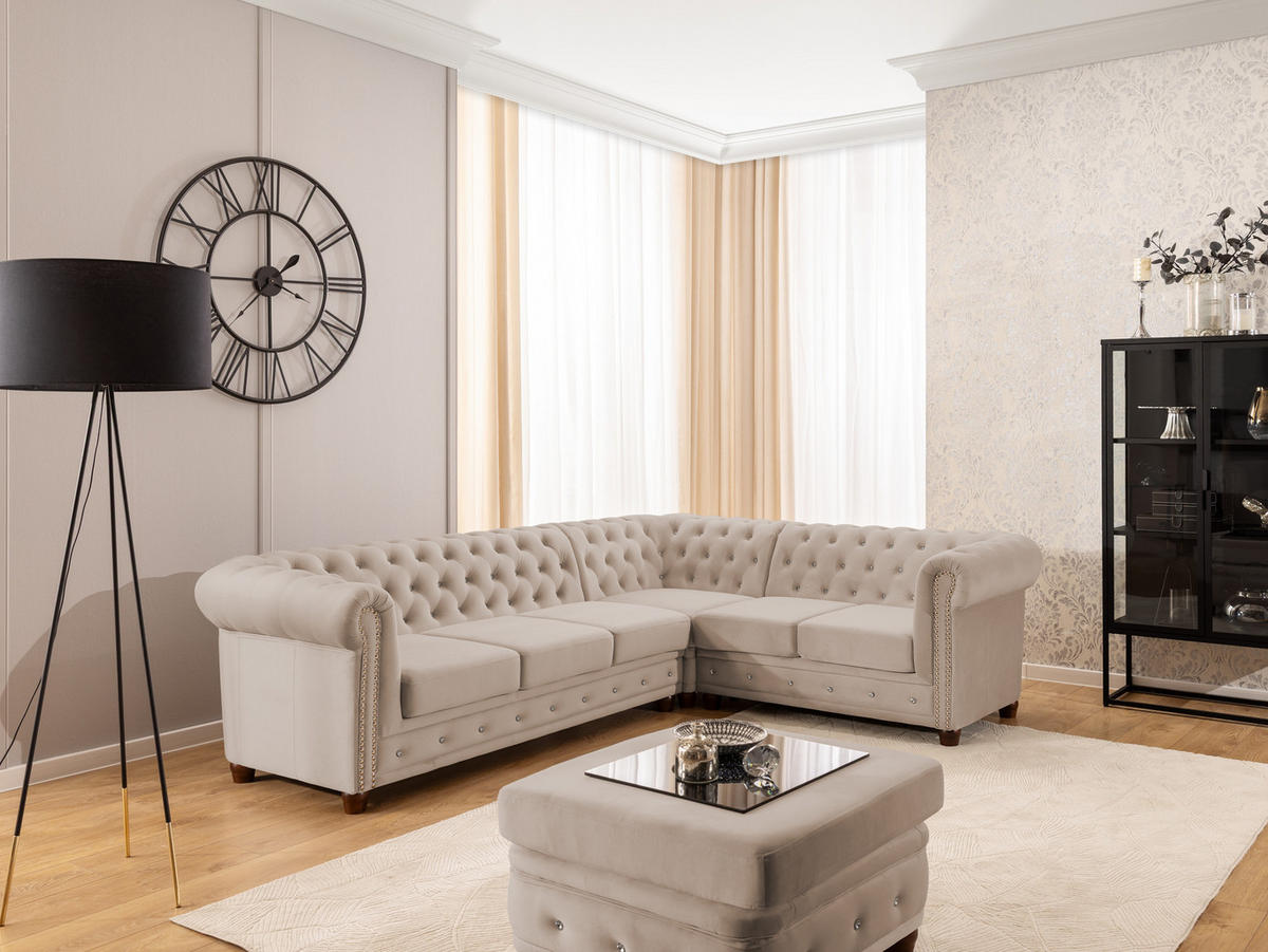 ECKSOFA Chesterfield Cleo Blink Beige Samt mit Kristallsteppung und braunen Massivholzfüßen - Ottomane Rechts - Beige/Braun, Holz/Textil (264/210cm) - S-Style Möbel