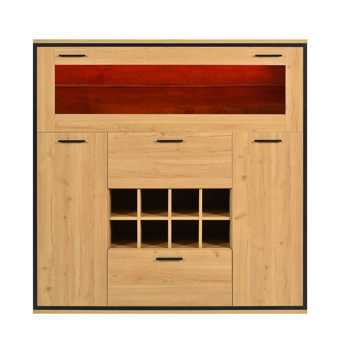 SIDEBOARD 38/110/111 cm mit Weinregal, Glastrennwand und LED-Beleuchtung, Natur/Schwarz - Naturfarben, Holzwerkstoff (110/111/38cm) - Redom