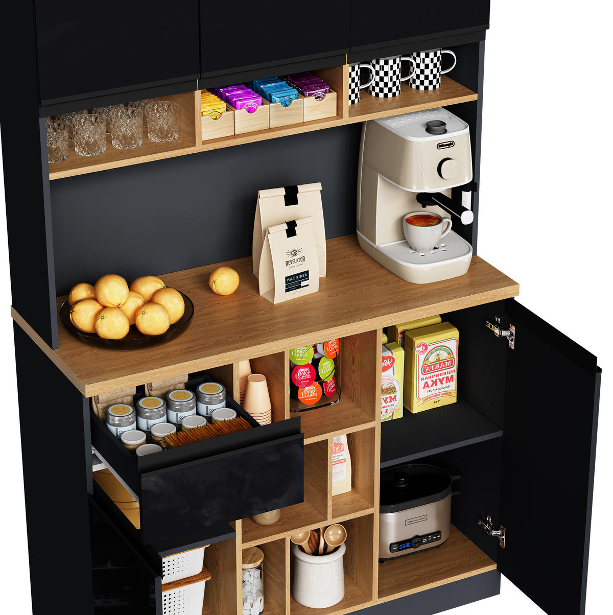 HOCHSCHRANK mit Arbeitsfläche 105 x 45 x 185 cm MDF Schwarz/Natural - Schwarz, Holzwerkstoff (45/185/105cm) - Meubliv