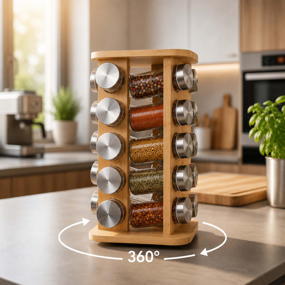 GEWÜRZKARUSSELL Natur Bambus 16er-Set - Multicolor, Glas/Holz (17/27/17cm) - Relaxdays