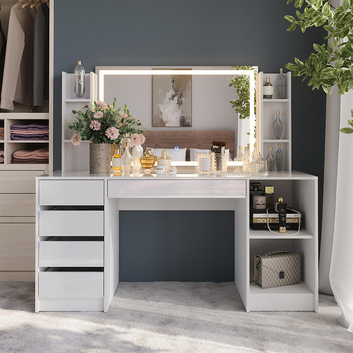 SCHMINKTISCH Sherry Weiß/Weiß Hochglanz 158.2 cm 4 Teile - Weiß Hochglanz, Holzwerkstoff (158.2/76/50.1cm) - Vicco