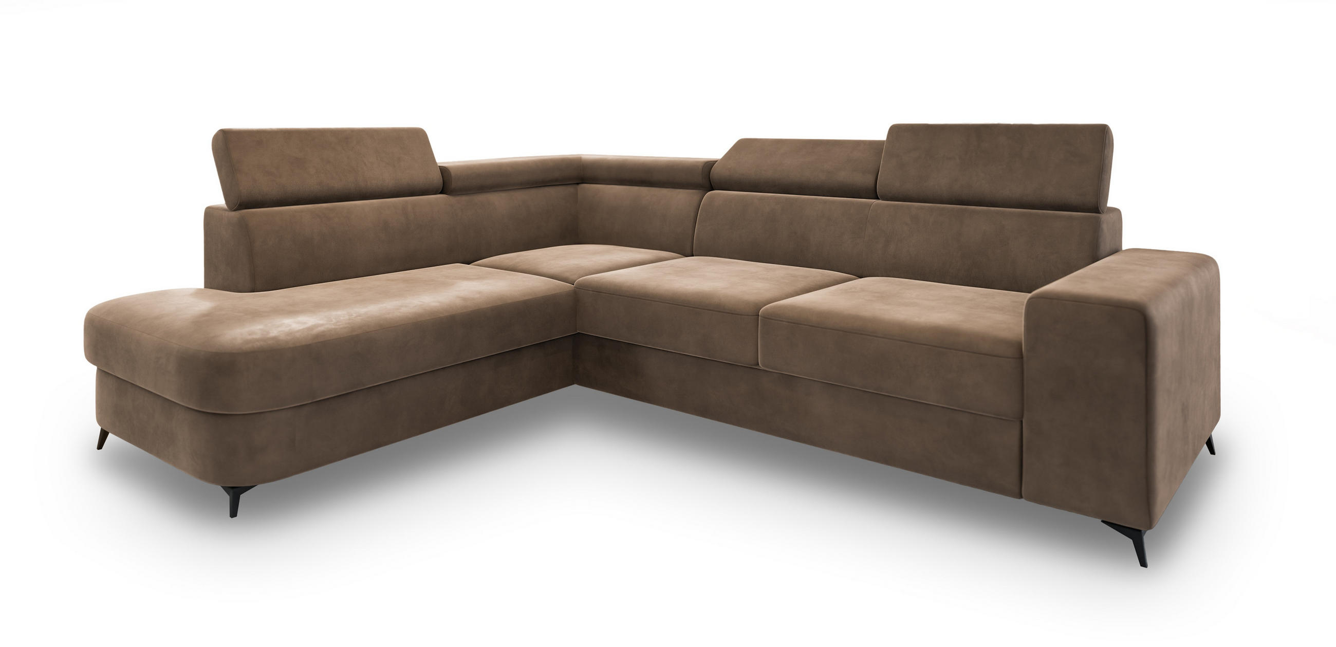 ECKSOFA ALVORO L-S Beige Velours-Stoff mit Schlaffunktion - Beige, Holz (253/190cm) - MASSENO