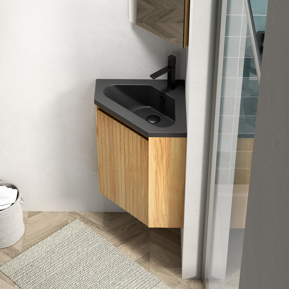 WASCHTISCHUNTERSCHRANK 54.5x38.5x52.4cm Schwarz/Naturholz mit Harzbecken - Naturfarben, Kunststoff (38.5/52.4/54.5cm) - Modfu