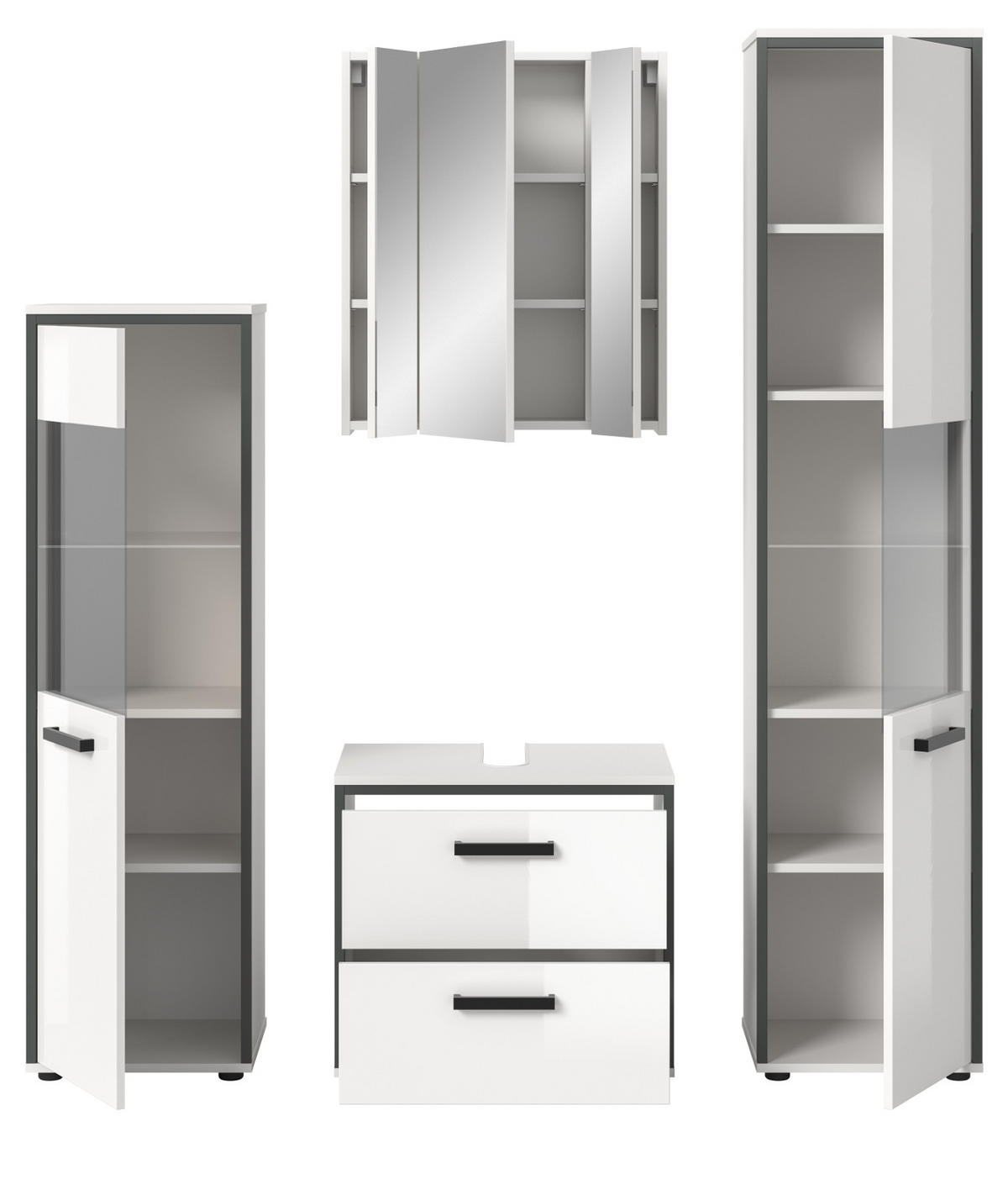 BADMÖBEL-SET weiß Hochglanz, grau 4-teilig 170 x 188 cm, Komplettset mit viel Stauraum - Weiß Hochglanz/Schwarz, Glas/Holzwerkstoff (170/188/37.5cm) - Inn.Furn