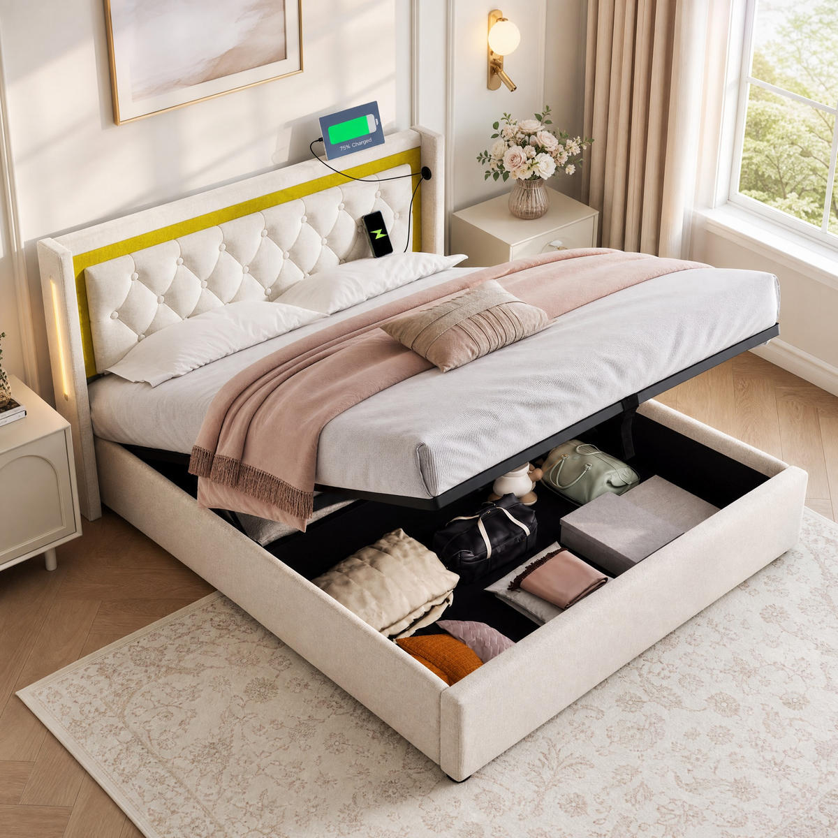 POLSTERBETT 140/200 mit Bettkasten LED und USB in Beige - Beige, Holzwerkstoff/Textil (140/200cm) - EVRYAE