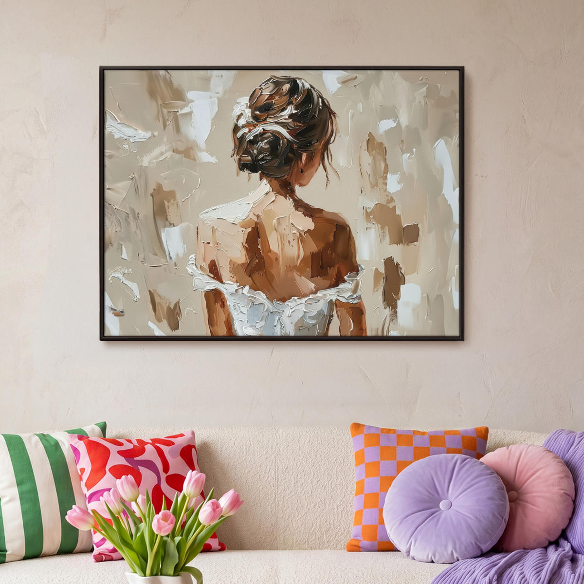 LEINWAND Bilder mit Rahmen - Frau - Farbe - Abstrakt - Beige - Modern - 100x70 - Sandfarben, Textil (100/70cm) - MuchoWow