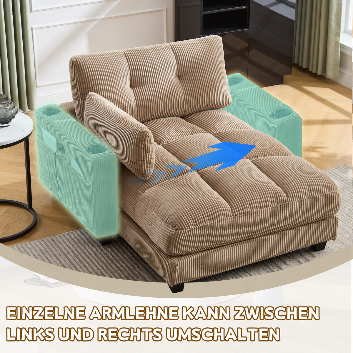 RÉCAMIERE Cord Khaki mit USB, Becherhaltern und Seitentasche - Hellbraun, Holzwerkstoff/Kunststoff (140/81/121cm) - WISHDOR