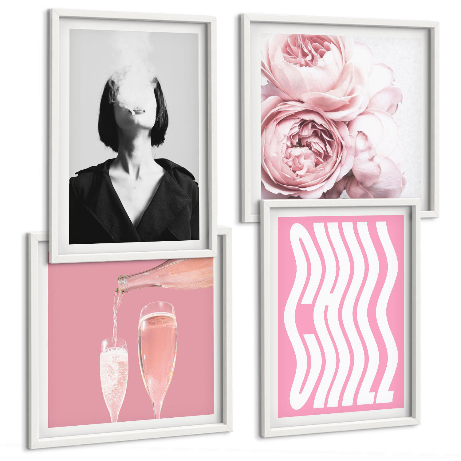 BILDER SET 4er Set - 50x50 cm & 40x60 cm Weißer Rahmen - Stilvolles Porträt mit Champagner - Weiß, Kunststoff (50/50cm) - TULUP