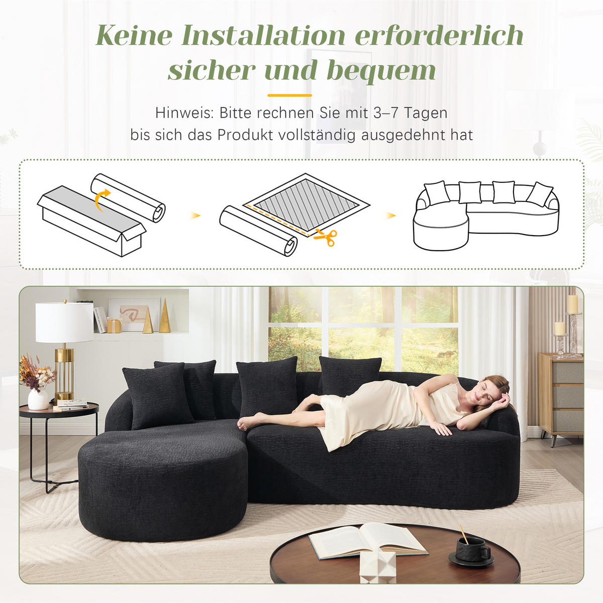 3-SITZER SOFA Chenille Schwarz mit Vakuumverpackung - Schwarz, Textil (243/150cm) - WISHDOR