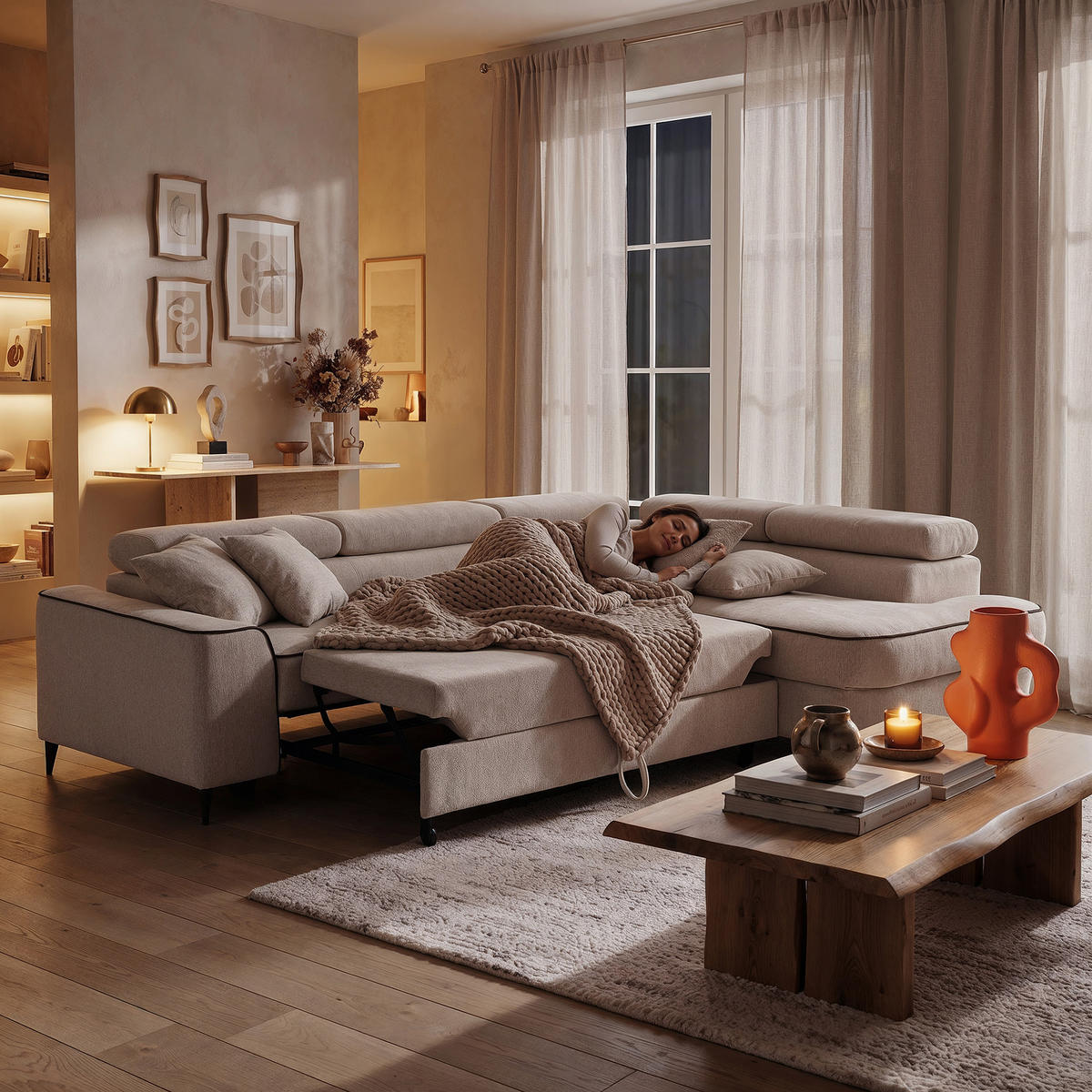 ECKSOFA EVER L Rechts mit Schlaffunktion 193x126 Chenille Beige - Beige/Schwarz, Holz/Textil (204/267cm) - Muffo