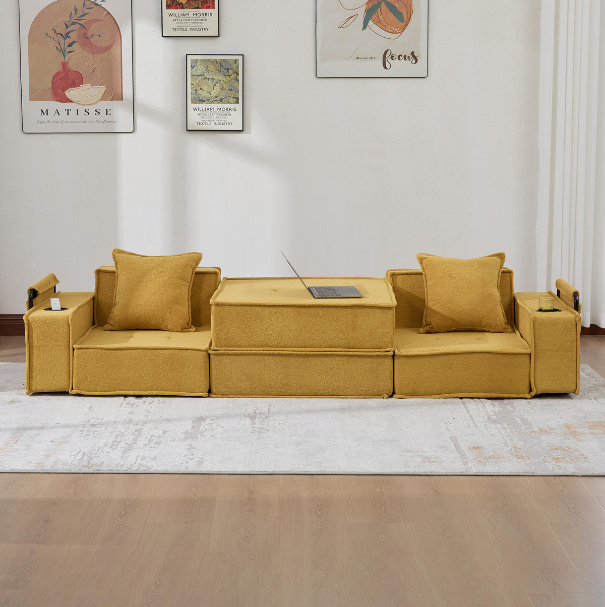 2-SITZER-SOFA 162/78/66 cm mit 2 Kissen, Seitentaschen und modularer Chenille-Polsterung, Senfgelb - Gelb, Textil (162/66/78cm) - Redom