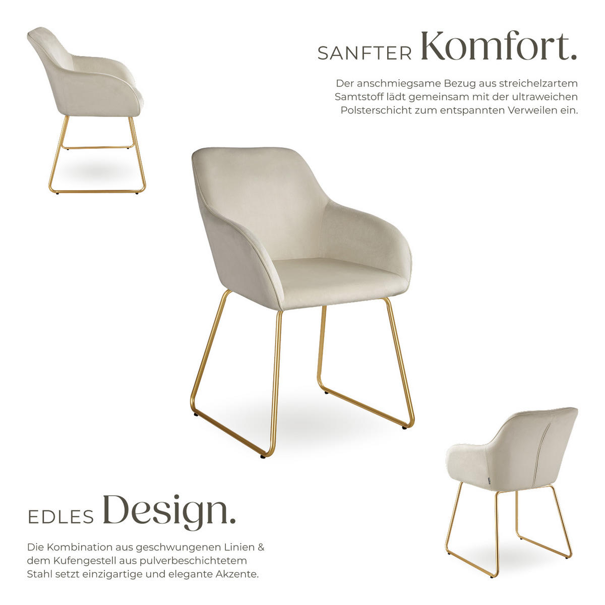 ESSZIMMERSTUHL Jeane,57 x 61 x 85,5 cm, Belastbarkeit 120 kg,Samtoptik creme/gold - Goldfarben/Samtahornfarben, Kunststoff (57/85.5/61cm) - tectake