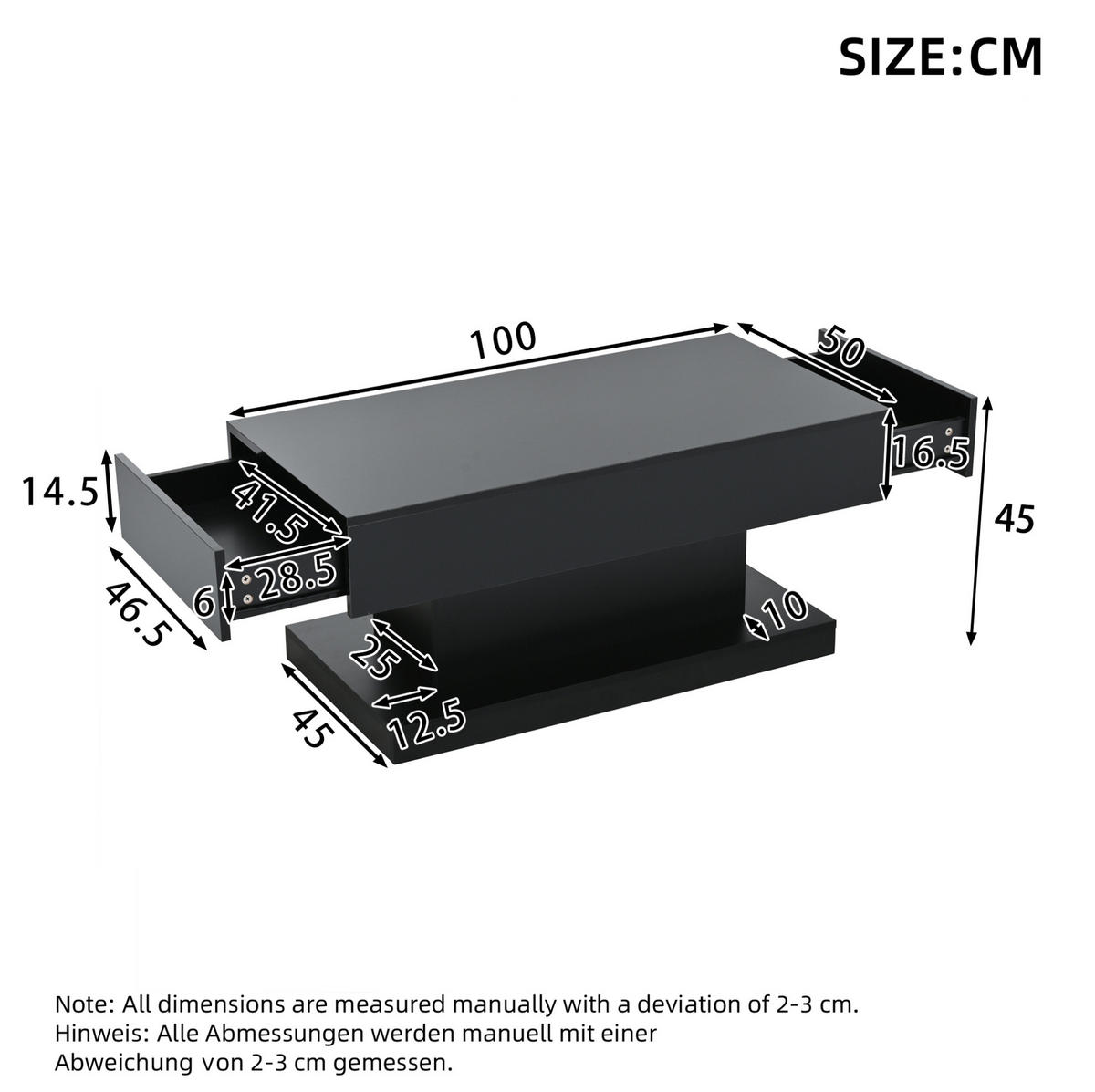COUCHTISCH aus Spanplatte 100x50x45 cm Schwarz mit 2 Schubladen, LED-Beleuchtung und Hochglanz-Oberfläche - Schwarz, Holzwerkstoff (100/50/45cm) - Modfu