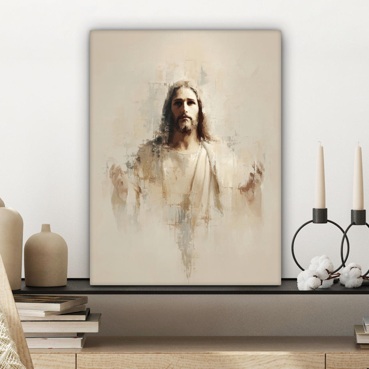 LEINWANDBILD Porträt - Abstrakt - Jesus - Beige Room Decor 30x40 cm - Beige, Textil (30/40cm) - MuchoWow