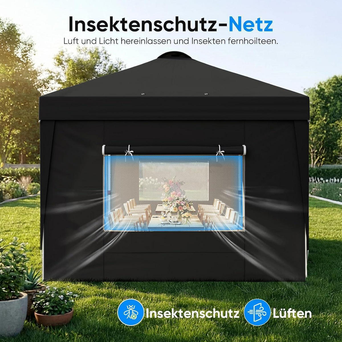 FALTPAVILLON 3x6m mit Seitenwänden und Insektenschutz schwarz - Schwarz, Textil (585/285/293cm)