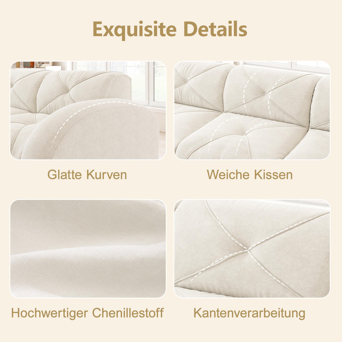 MODULSOFA 2-Sitzer mit Hocker, 32D-Schaumstoff und chenillebezogenem Komfort, Weiß - Weiß, Textil (204/76/171cm) - Redom