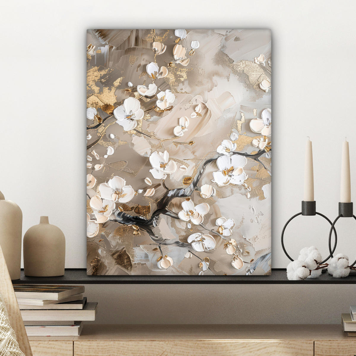 LEINWANDBILD Blumen - Weiß - Gold - Beige - Luxus Room Decor 30x40 cm - Greige, Textil (30/40cm) - MuchoWow