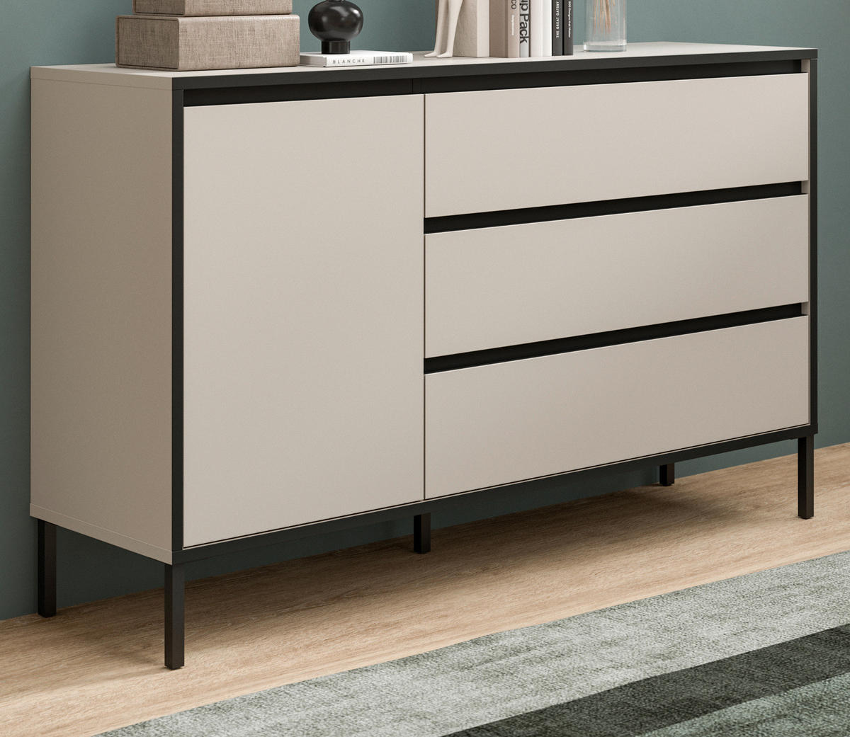 SIDEBOARD Sand / Kaschmir mit Schwarz, Kommode mit 3 Vollauszug-Schubkästen 163 x 83 cm - Sandfarben/Kaschmir, Holzwerkstoff/Metall (136/83/38cm) - Inn.Furn