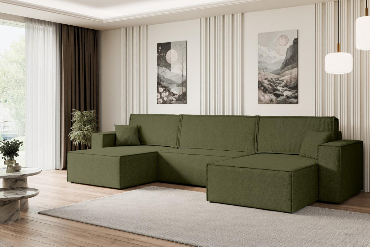 WOHNLANDSCHAFT mit Schlaffunktion und Bettkasten CELTIC-XLU - 377x143x83 cm Grün Bouclé - Schwarz/Grün, Holzwerkstoff/Kunststoff (377/83/143cm) - ALTDECOR