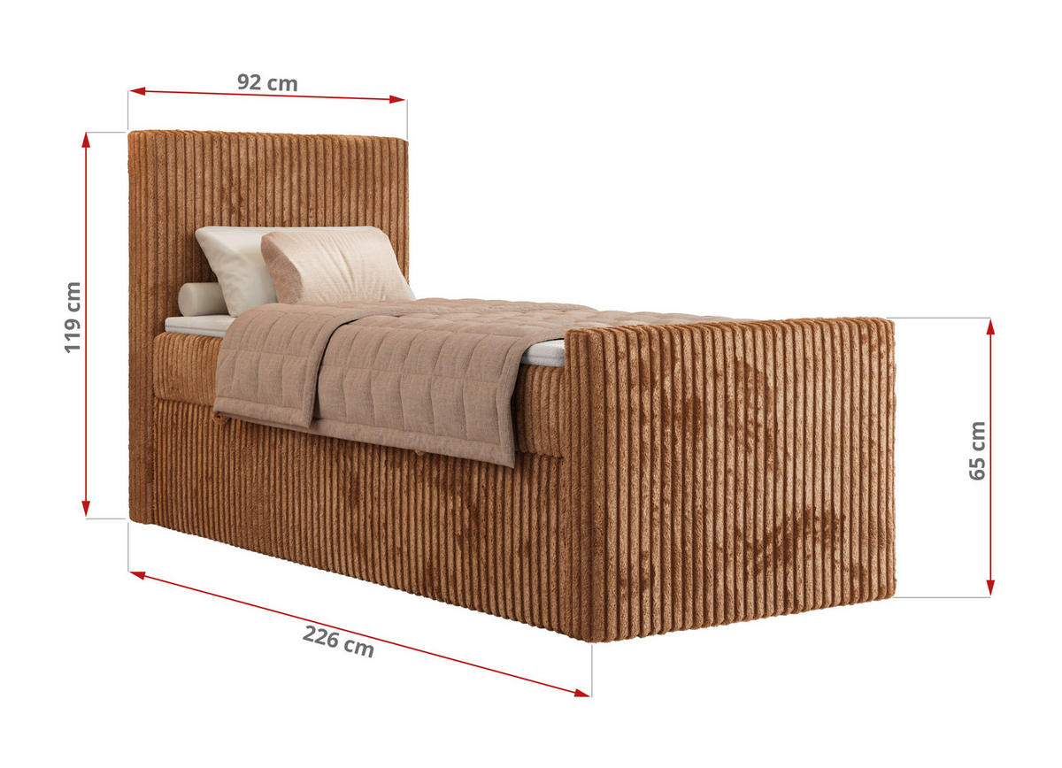 BOXBETT TILIANO DUO 90/200 - Orange Cord - H4 - Topper Visco - Rechts Seite - Orange, Textil (90/200cm) - MKS