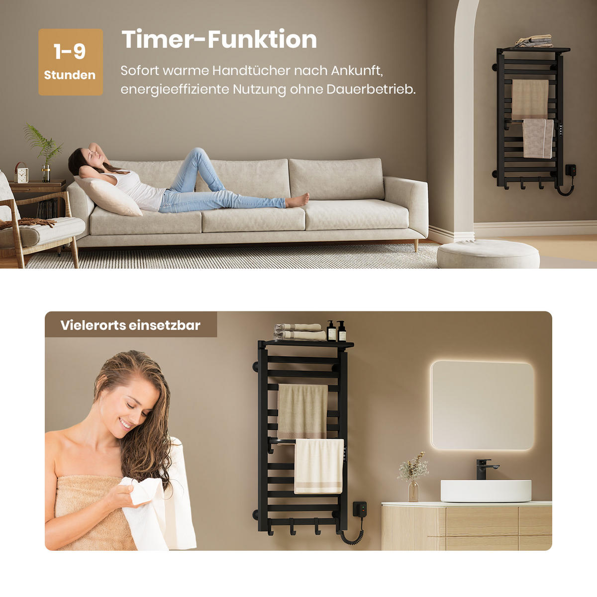 HEIZKÖRPER Elektrischer Handtuchhalter mit Ablage Schwarz 100/50/4,3 cm - Schwarz, Metall (50/100/25.5cm) - EMKE