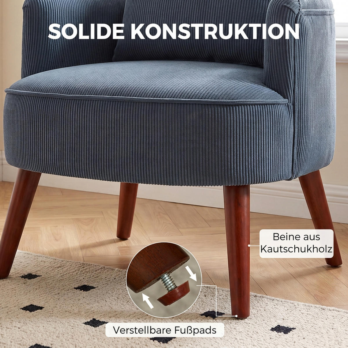 SESSEL Loungesessel mit Armlehnen, Relaxsessel mit Kissen Cordoptik Blau - Blau/Braun, Textil (69/78/69.5cm) - HOMCOM
