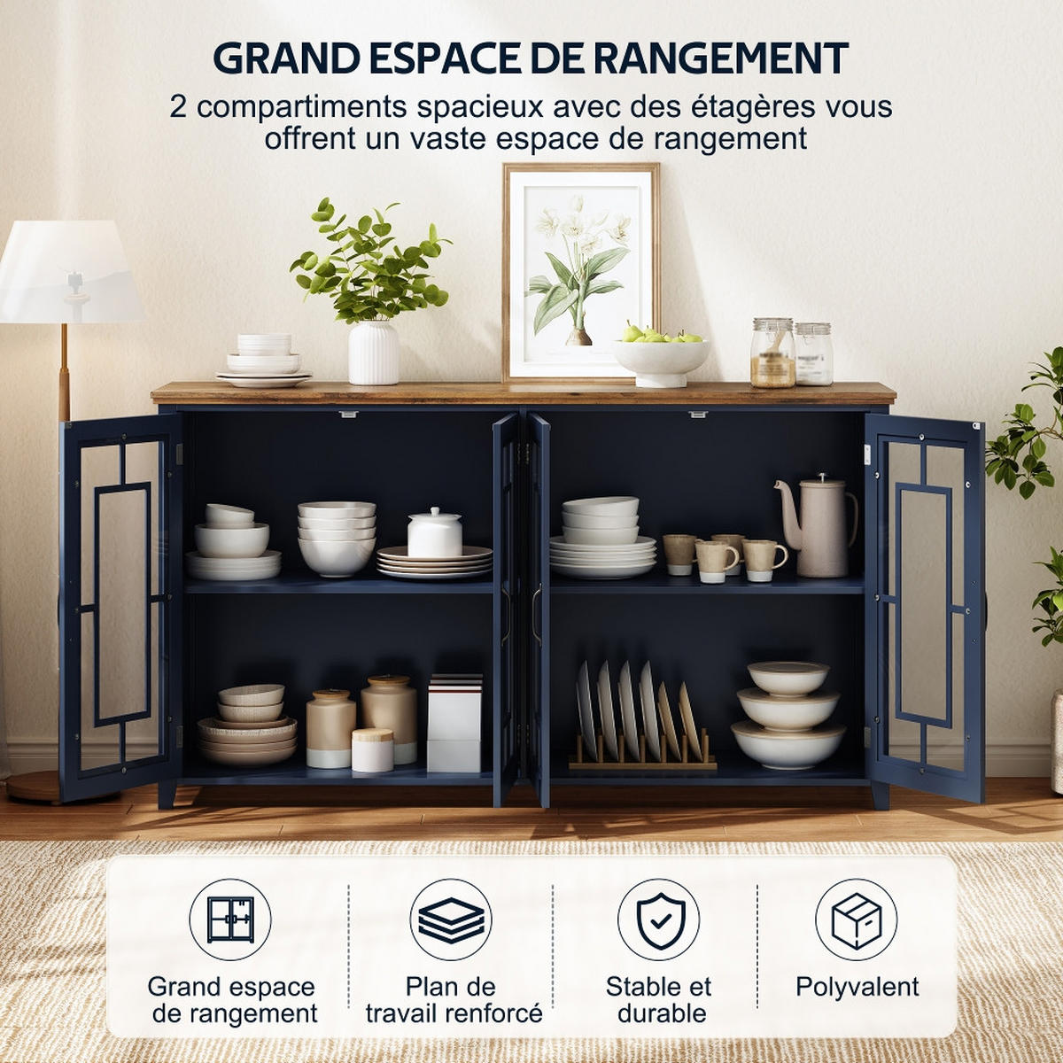 SIDEBOARD 160 CM Küchen-Sideboard GLASTÜREN Holzoptik Esszimmer Wohnzimmer 160/40/86 cm - Blau, Holzwerkstoff (40/86/160cm) - Rolipo