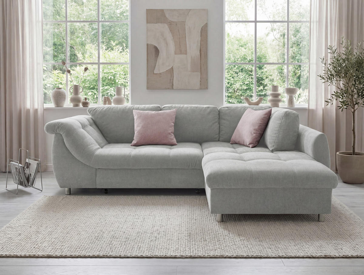 ECKSOFA mit Schlaffunktion, Wellenunterfederung, Ottomane rechts B250/T190/H84 cm, Liegefl. 179x190 cm, Mikrofaser Grau / 17003 - Chromfarben/Grau, Textil/Metall (250/190cm) - luma-home