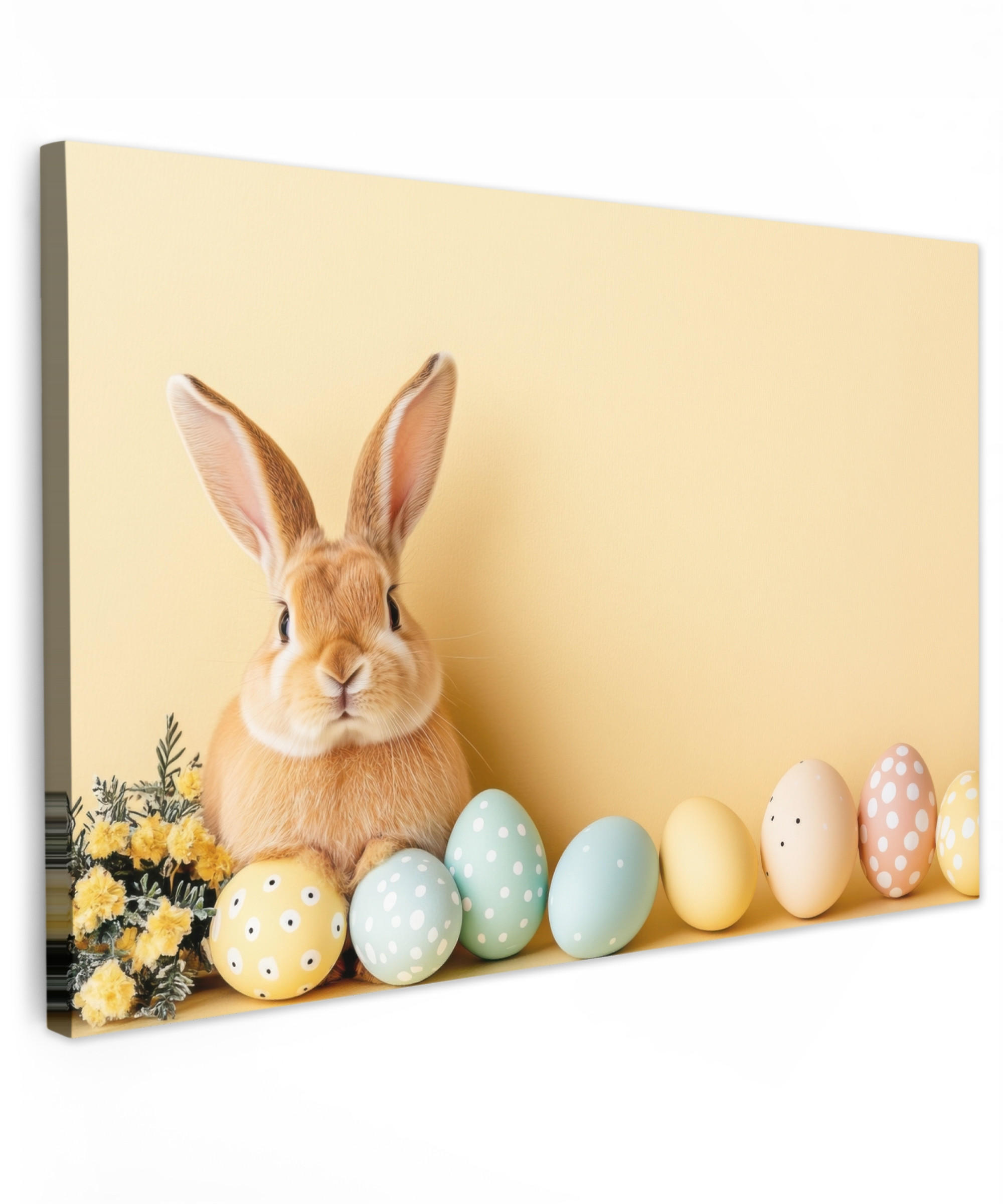 LEINWANDBILD Eier - Kaninchen - Pastellfarbtöne Wohnzimmer Groß 120x80 cm - Hellgelb, Textil (120/80cm) - MuchoWow