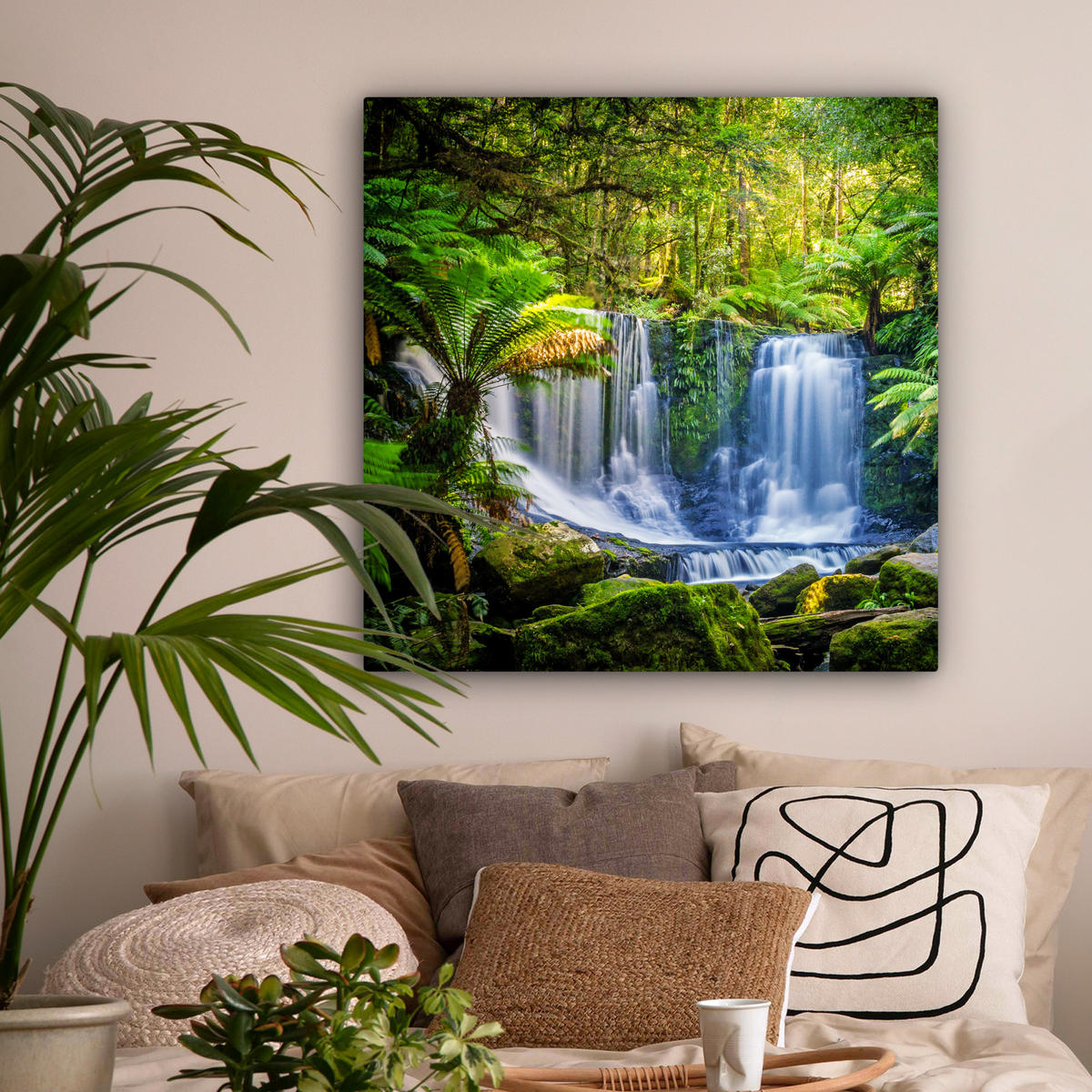 LEINWANDBILD Dschungel - Wasserfall - Australien - Pflanzen - Natur Deko Groß 90x90 cm - Dunkelgrün, Textil (90/90cm) - MuchoWow