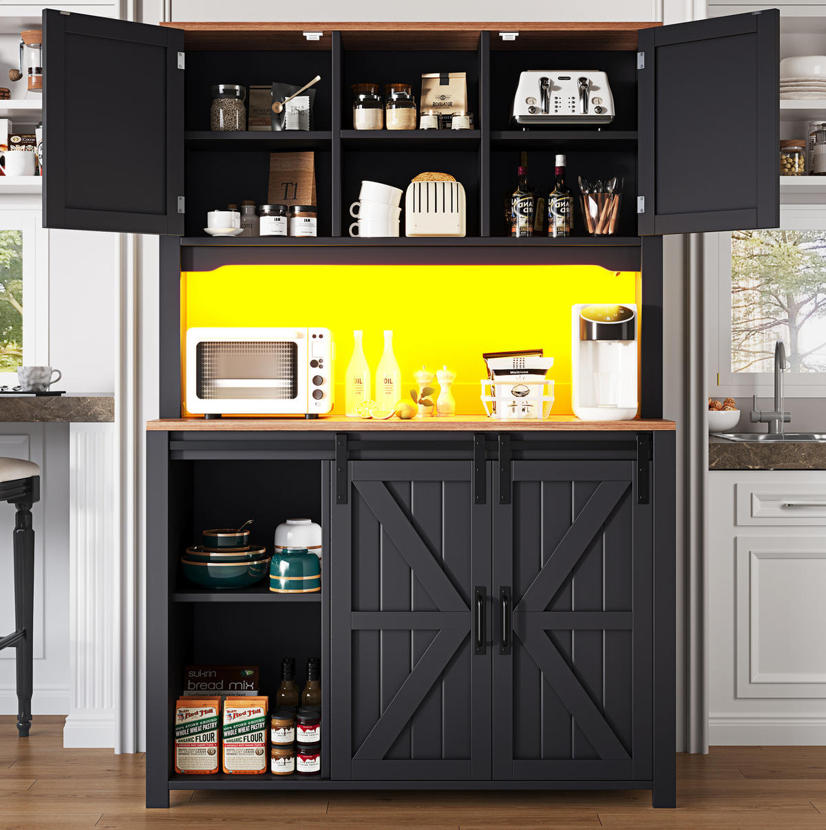 BUFFET 115/40/174,7 cm in Schwarz mit LED-Beleuchtung und Schiebetüren - Schwarz, Holzwerkstoff (115/174.7/40cm) - Flora Grace