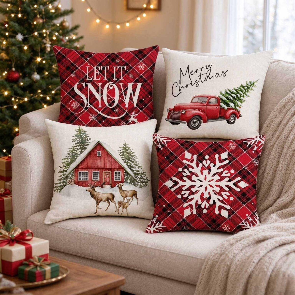 KISSENBEZUG – Weihnachtskissenbezug (Kissenfüllung nicht enthalten) – 45 x 45 cm – Multicolor(vier Stück) - Multicolor, Textil (45/45cm)