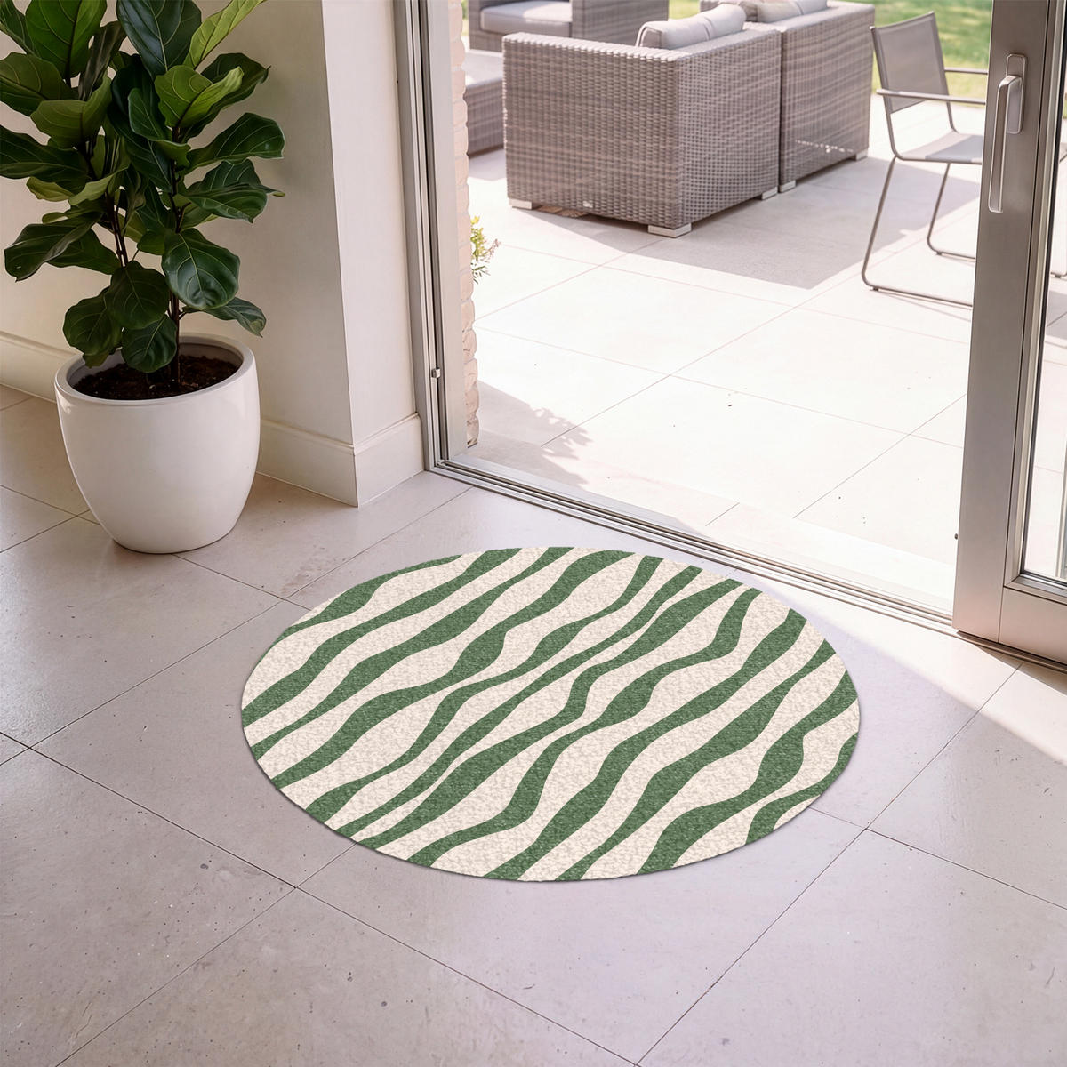 ROHOŽKA Vlnité linie - Béžová - Zelená - Pruhy - Abstraktní 90x90 cm - tmavě zelená, textil/umělá hmota (90/0.4cm) - MuchoWow