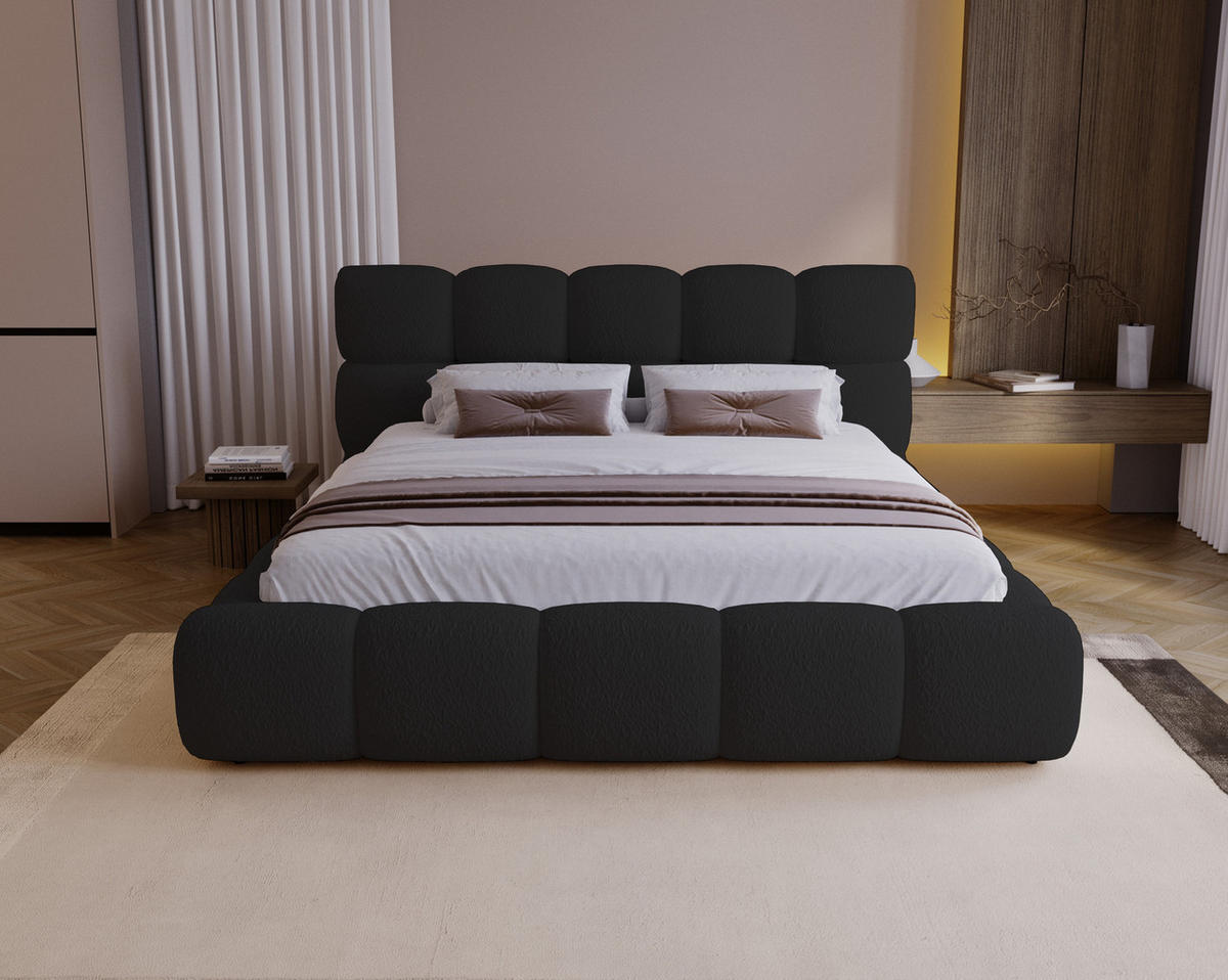 DOPPELBETT 200x200 Lucca mit Bettkasten, Stoff Bouclé, Schwarz - Schwarz, Holz/Textil (200/200cm) - Emporius