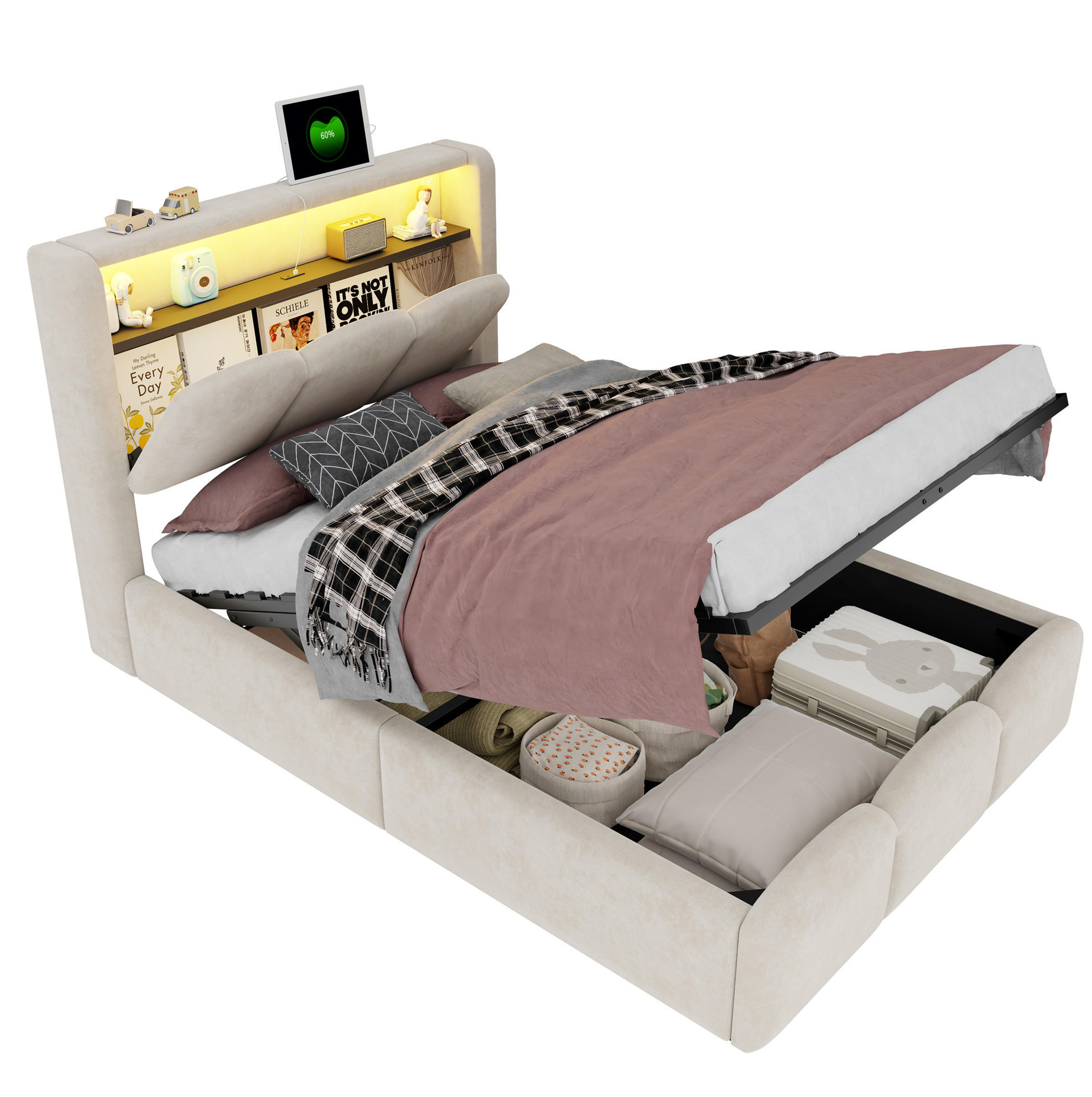 POLSTERBETT aus Samt 90x200 cm Beige mit LED, USB-/Typ-C-Anschluss und hydraulischem Stauraum - Beige, Textil (90/200cm) - Modfu