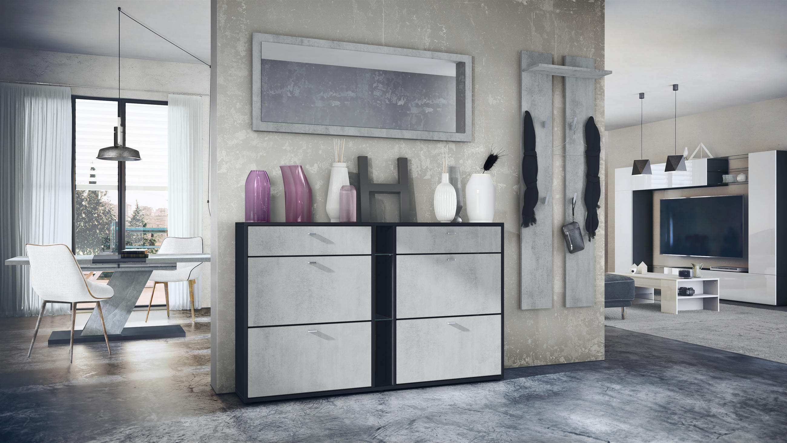 GARDEROBE Orlando Beton Oxid Optik - Hellgrau, Holzwerkstoff (215/210/28cm) - Vladon