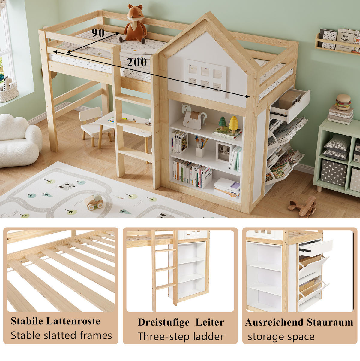 HOCHBETT Hausdesign 90/200 cm Weiß Natur mit Staufächern, Schubladen ohne Matratze - Weiß, Holz (90/200cm) - MIVRAY