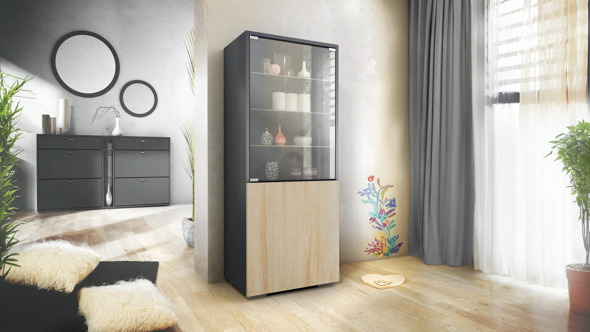 VITRINE Granada Eiche sägerau - Eiche San Remo, Holzwerkstoff (50/122.5/34.5cm) - Vladon