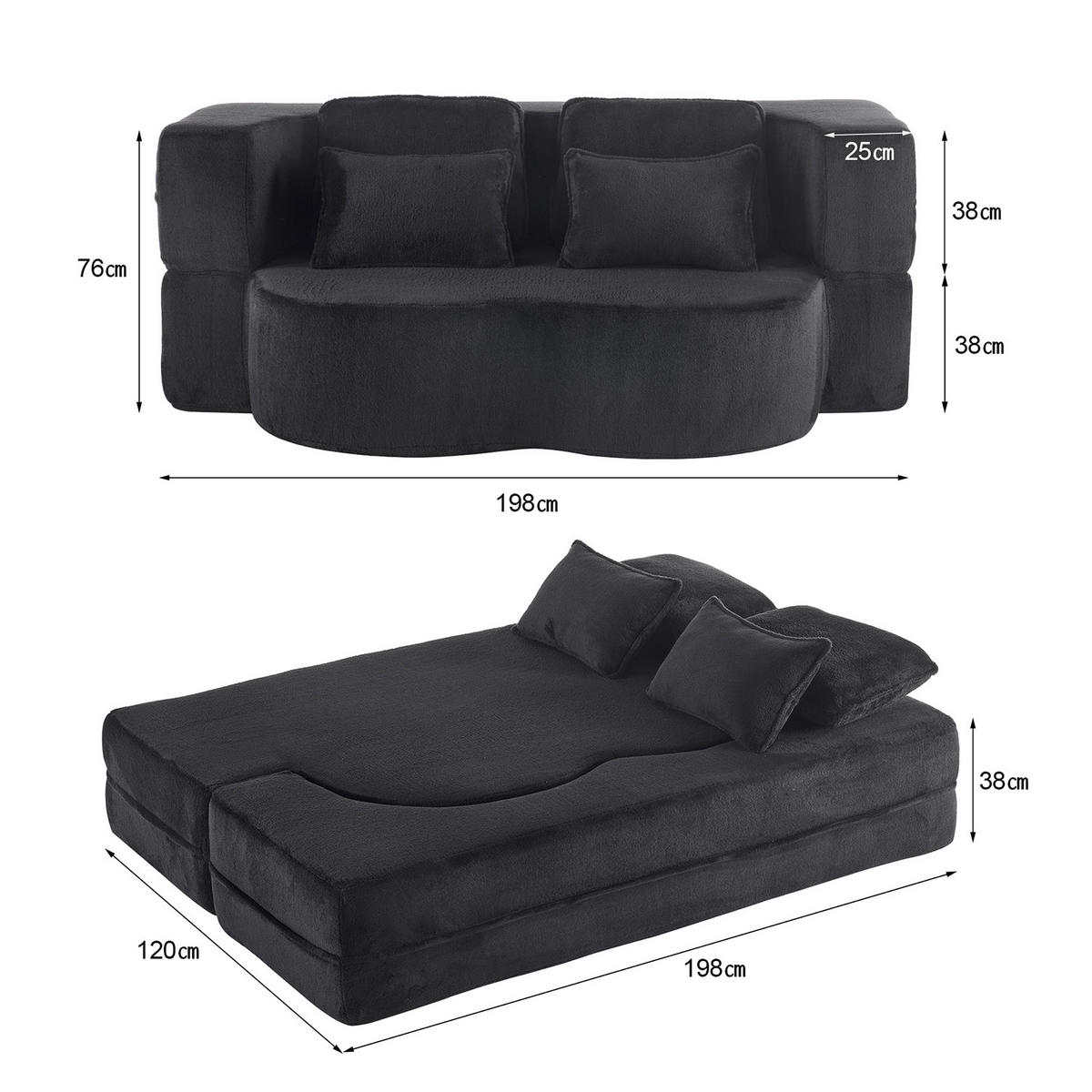 2-SITZER SCHLAFSOFA Flanell Schwarz mit 4 Kissen - Schwarz, Textil (198/76/120cm) - WISHDOR