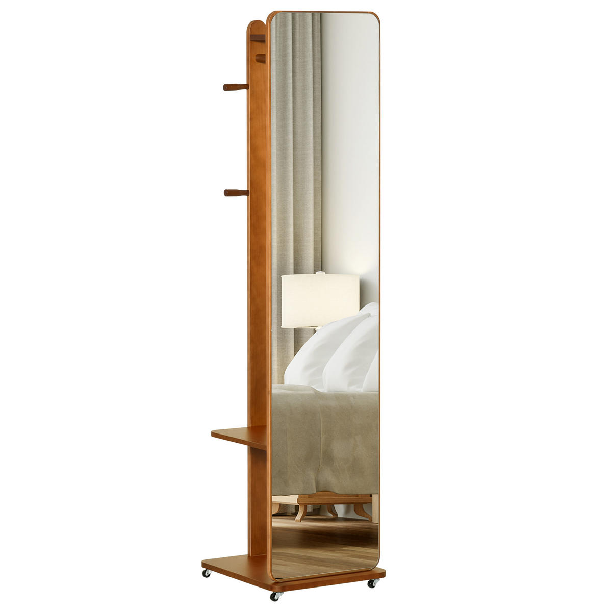 GARDEROBENSPIEGEL DE-17904 mit Rollen, Kleiderstange & 4 Haken Walnuss - Walnussfarben, Holzwerkstoff (44.5/170/40cm) - ComfortXL