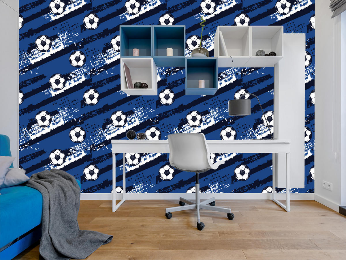VLIESTAPETE Fußbälle und Farbspuren – Blau, Schwarz, Weiß – 50x1000 cm - Blau/Schwarz, Papier (50/1000cm) - Muralo