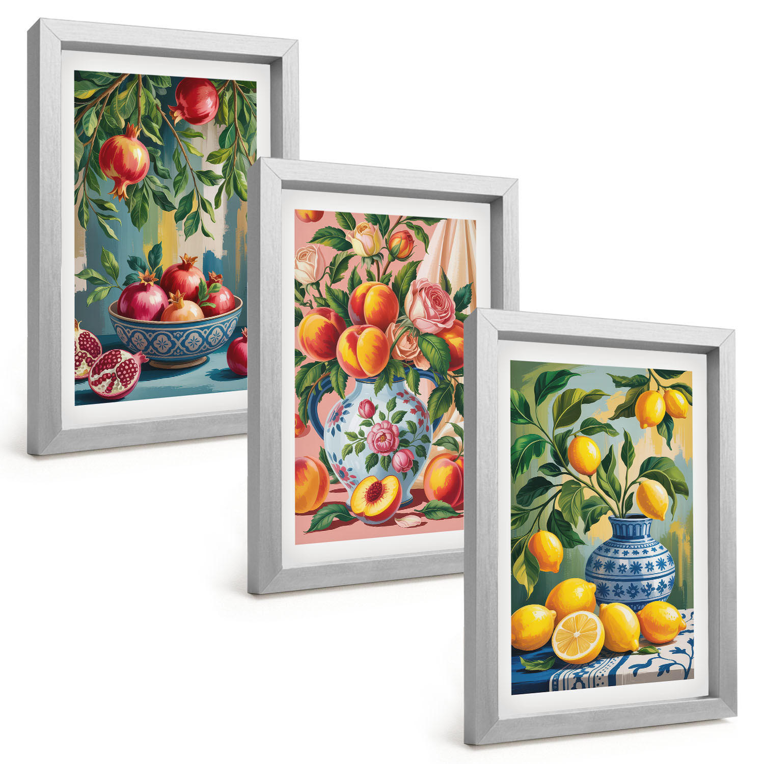 BILDER SET 3er Set - 20x30 cm Silberner Rahmen - Fruchtzusammensetzung von Granatäpfeln - Silberfarben, Kunststoff (20/30cm) - TULUP