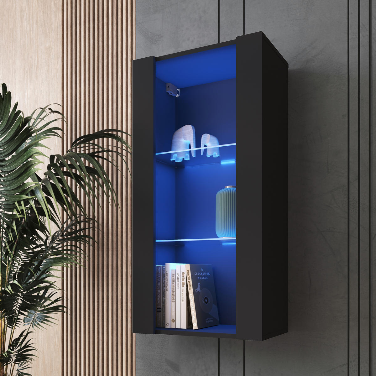 HÄNGEVITRINE TIVOLI Vertical 100, Schwarz, LED Blau - Schwarz, Glas/Holzwerkstoff (50/100/29.5cm) - Komodee