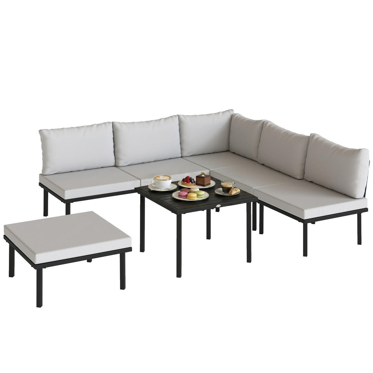 LOUNGE GARTENMÖBEL SET DE-06609, 2 Stühle, Eckstuhl, Lamell-Tisch, Fußhocker - Hellgrau, Textil/Metall - ComfortXL
